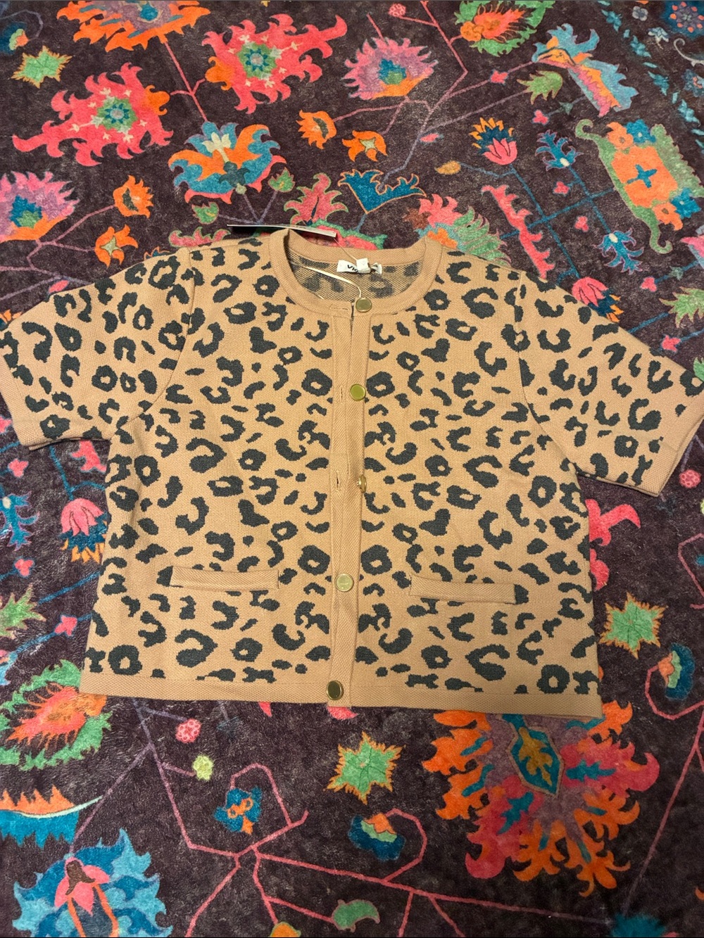 Womens Vigoss Leopard Print Short-Sleeve Cardigan - Tan/Black